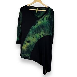 Pure Intent Tie-Dye Long Sleeve Asymmetrical Blouse Women's Large Black Green